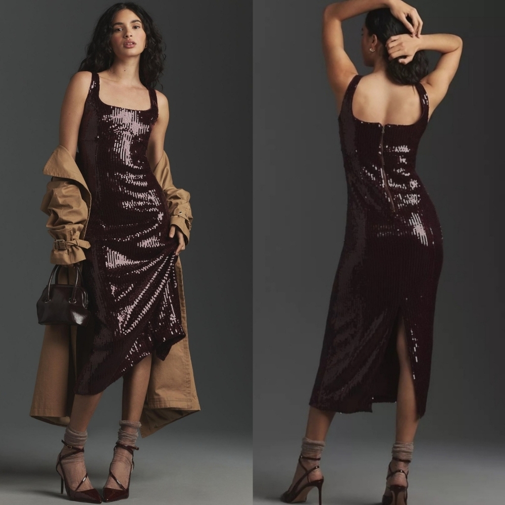 NWOT Anthropologie Pilcro Sequin Slim Midi Dress, color plum, size XL